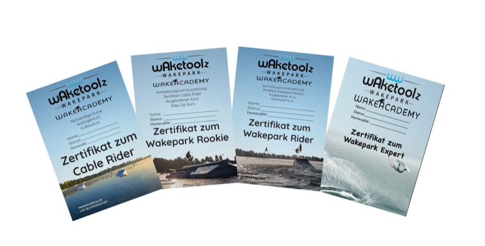 Die vier Wakeacademy-Workbooks: Cable Rider, Wakepark Rookie, Wakepark Rider und Wakepark Expert